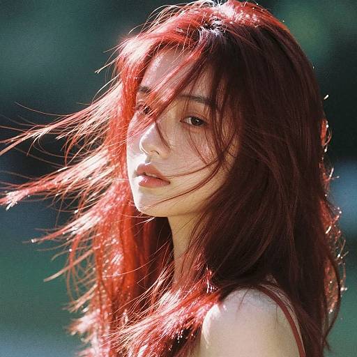 Photograph of a young woman with long, sunlit red hair, partially covering her face, looking softly at the camera, with a blurred green background