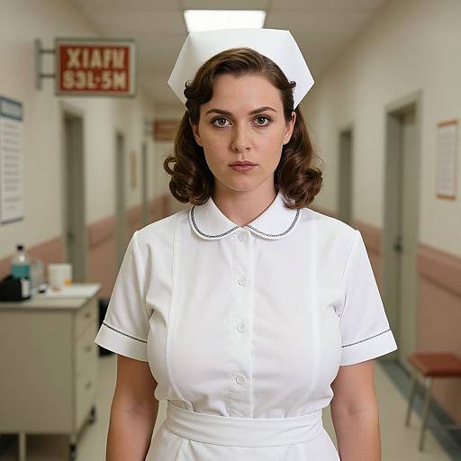 Photograph of a white female nurse with brown hair in a 1940s-style uniform, white cap, standing in a clinical hallway with 