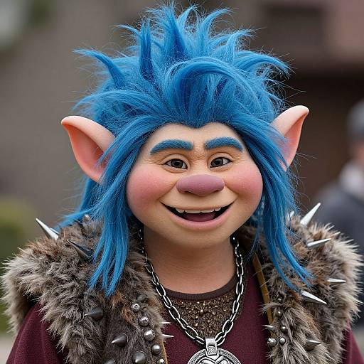 Photograph of a smiling, blue-haired, elf-like character with spiked fur vest, large ears, and thick blue eyebrows, wearing a silver chain and