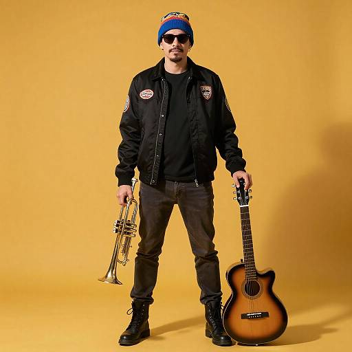 Photograph of a bearded man in black jacket, blue cap, sunglasses, holding trumpet in left hand and acoustic guitar in right. Bright yellow background