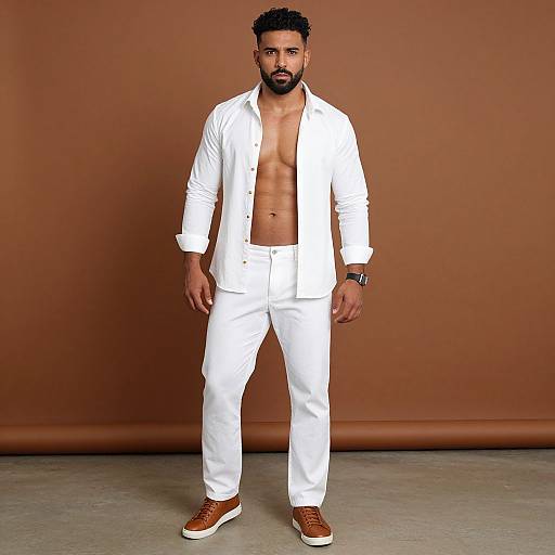 Photograph of a muscular, bearded man with dark skin and short curly hair, wearing an unbuttoned white shirt, white pants, and brown