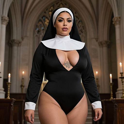 Photograph of a curvy woman with medium brown skin, large breasts, and a tattoo, wearing a revealing black and white nun outfit in a dim