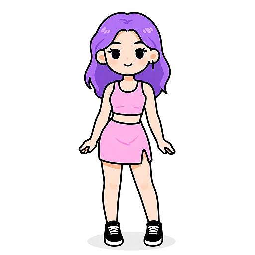 Digital cartoon of a cute girl with purple hair, wearing a pink crop top and skirt, black sneakers, standing against a white background.