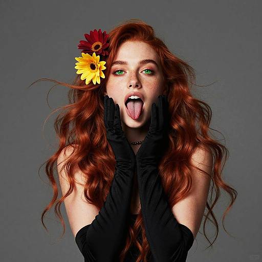 Photograph of a red-haired woman with green eyes, black gloves, and a yellow and red flower in her hair, sticking out her tongue against a