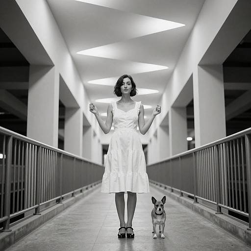Woman in White Dress with Dog in Geometric Hallway
