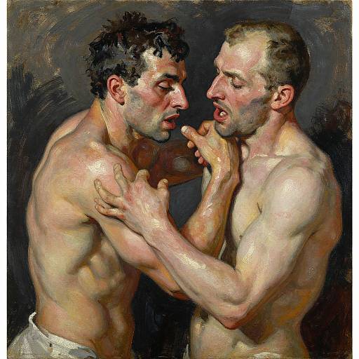 Two muscular, shirtless men with dark and light hair, intense facial expressions, and close physical contact, grasp each other's chests in an emotional,