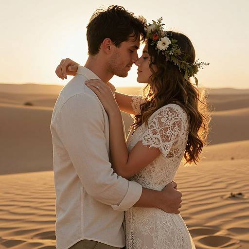 Photograph of a couple in a sunset desert, silhouetted, embracing intimately. The woman wears a white lace dress with a flower crown,