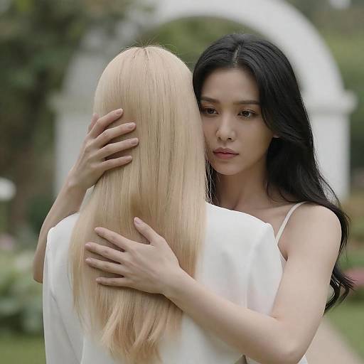 Serious Embrace Under Garden Arch