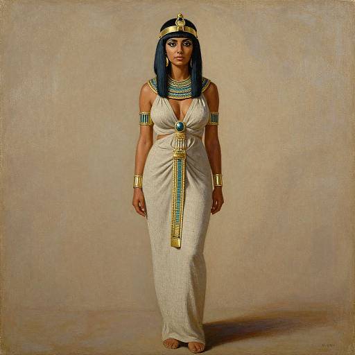 Digital painting of a Black woman in an Egyptian-style white dress with gold and turquoise accessories, standing against a beige background.
