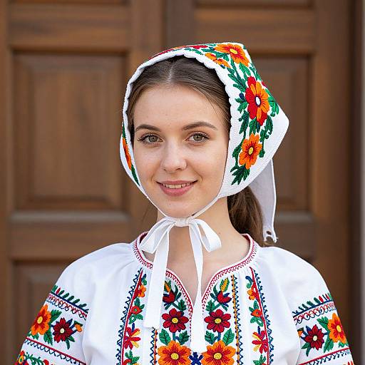 Photograph of a young woman with fair skin, brown eyes, and brown hair, wearing a white floral embroidered blouse and headscarf, smiling against