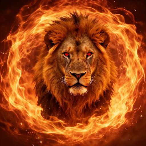 Digital artwork of a fierce lion with glowing red eyes, surrounded by a swirling ring of vivid orange and yellow flames.