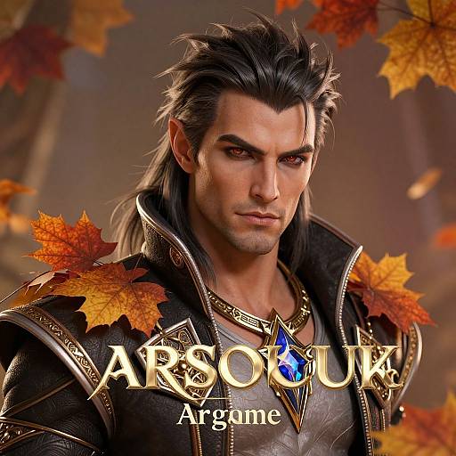 CGI image of a handsome, dark-haired male character in medieval armor with autumn leaves, wearing a blue gem necklace, text reads 