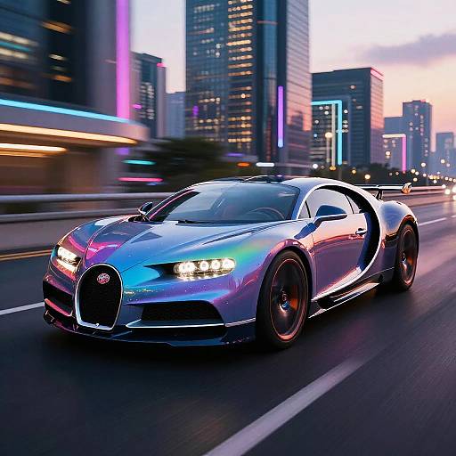 Photograph of a sleek, silver Wraith Bentley sports car with neon blue and pink accents speeding through a vibrant, neon-lit cityscape at dusk