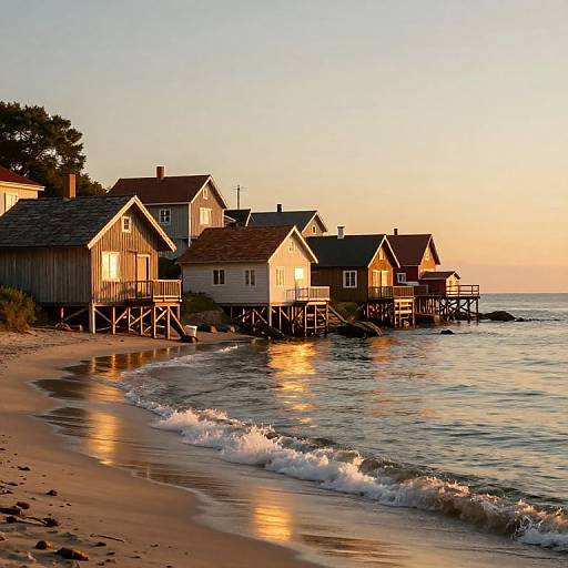 Photograph of wooden beach huts on stilts at sunset, with warm golden light reflecting on the calm ocean and sandy shore.