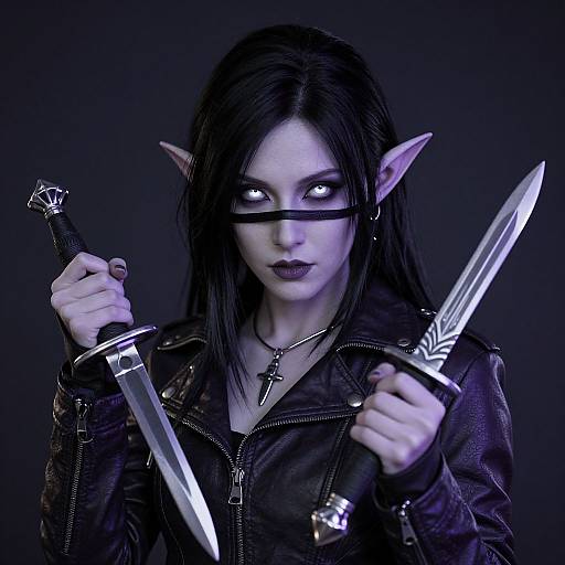 Digital artwork of a pale-skinned, black-haired elf woman with glowing eyes, holding two sharp swords, wearing a black leather jacket, and a cross