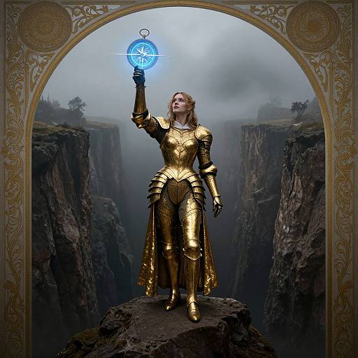 Photorealistic digital artwork of a blonde woman in gold armor standing on a cliff, holding a glowing blue magical orb, surrounded by misty cany