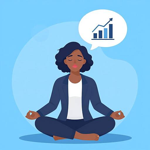 Digital illustration of a dark-skinned woman with black curly hair, seated cross-legged in a blue suit and white shirt, meditating with a thought bubble
