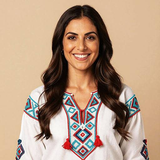 Photograph of a smiling woman with long, wavy black hair, wearing a white traditional embroidered blouse with red, blue, and turquoise patterns, against