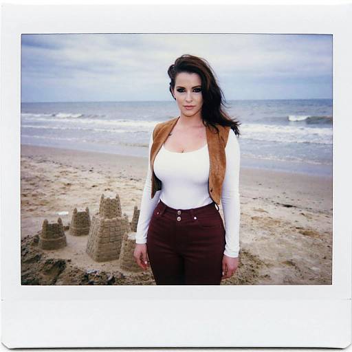 Photograph of a dark-haired woman in a white top and brown vest standing on a beach with sandcastles and ocean background.