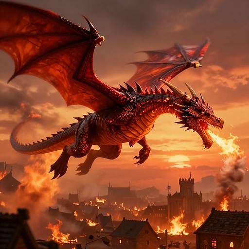 Digital art of a fierce, red dragon soaring above a burning medieval town, with fiery skies and destruction below, showcasing intense detail and vibrant colors.