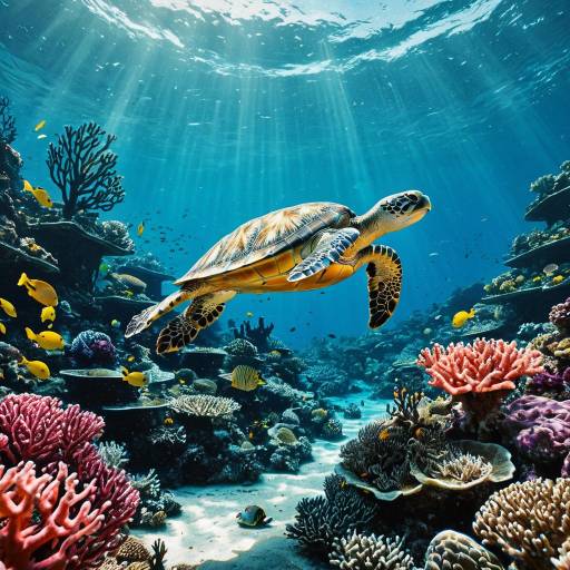 Ornate Sea Turtle Among Coral Reef