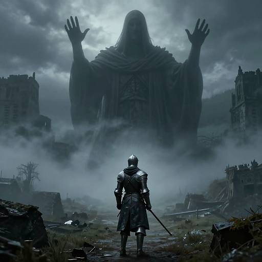Digital artwork: Armored knight with sword, facing massive, shadowy figure with raised hands; misty, ruined landscape, Gothic buildings, overcast