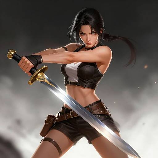 Digital illustration of a fierce, muscular woman with black hair, wearing a black-and-white crop top and shorts, holding a glowing sword, amidst misty
