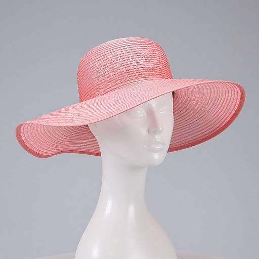 Photograph of a white mannequin head wearing a wide-brimmed, pink straw hat with textured bands, set against a plain, light gray