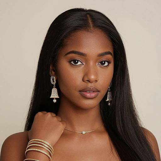 Photograph of a beautiful young Black woman with long straight black hair, wearing gold earrings, necklace, and bracelets, against a plain white background. She