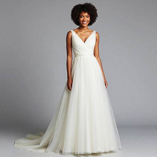 Photograph of a smiling Black woman with natural afro hair, wearing a sleeveless, V-neck white wedding gown with a long, flowing tulle