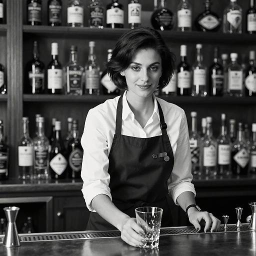 Black-and-white photograph of a smiling female bartender with short dark hair, wearing a white shirt and dark apron, behind a bar with numerous liquor bottles
