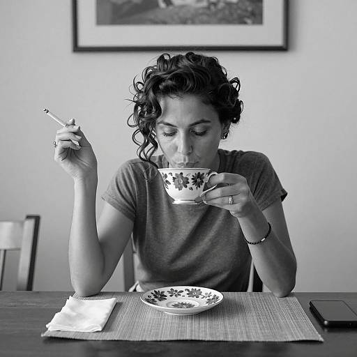 Candid Moment: Woman with Tea and Cigarette