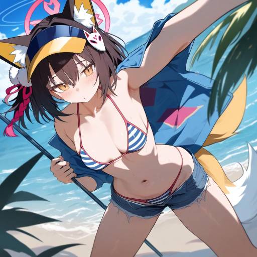 Charming Fox Girl in Striped Swimsuit