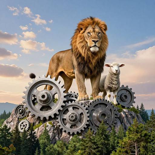 Biblical Lion and Lamb on Mountain