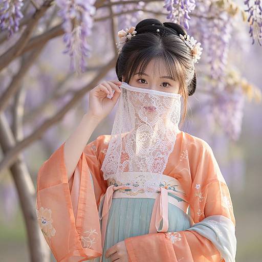 Elegant Hanfu Woman with Lace Mask