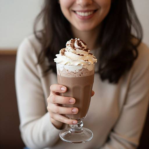 Photograph of a smiling woman with dark hair, wearing a beige sweater, holding a chocolate milkshake with whipped cream and chocolate sprinkles in a glass