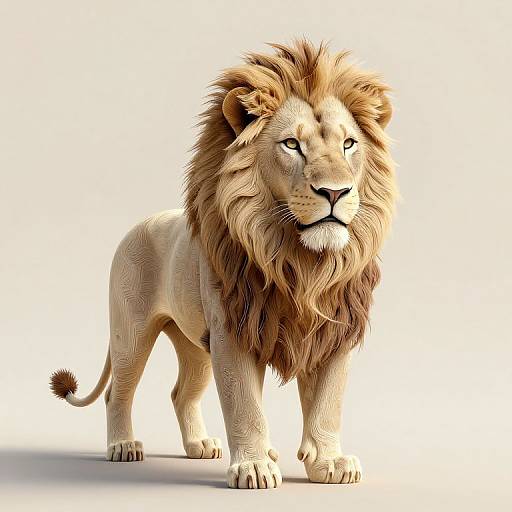 Photorealistic digital image of a majestic male lion with a full, dark brown mane, standing alertly on a white background.
