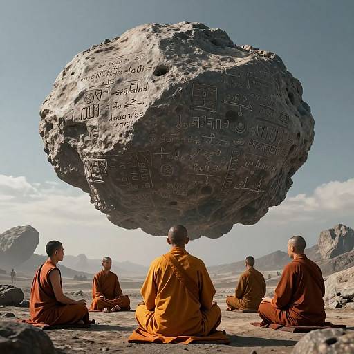 Photograph of six Buddhist monks in orange robes sitting in a desert, gazing at a massive, textured rock inscribed with ancient symbols. Clear blue