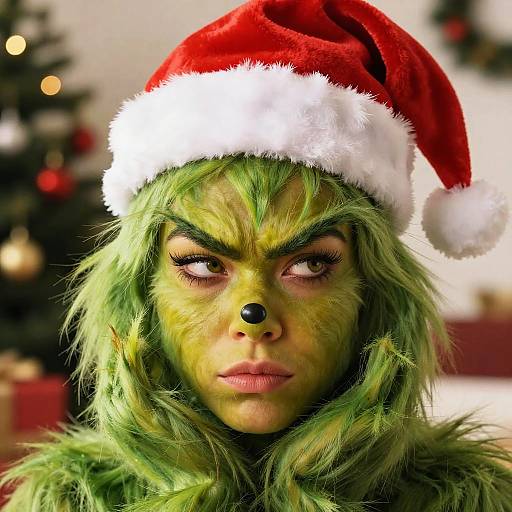 Young Woman with Grinch Face Filter and Santa Hat