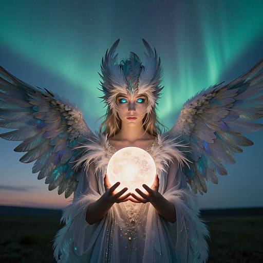 Digital artwork of a ethereal angel with glowing blue eyes, feathered wings, and a radiant moon, set against a northern lights background.