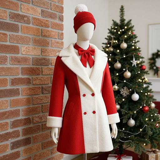 Photograph of a white mannequin wearing a red and white Christmas coat with a red bow, red beanie, and standing beside a decorated Christmas