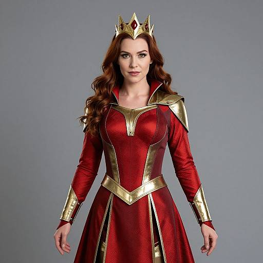 Photograph of a fair-skinned woman with long brown hair, wearing a red, gold-trimmed regal dress, gold crown, and matching