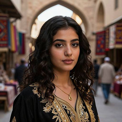 Photograph of a young South Asian woman with long, wavy black hair, wearing an ornate black and gold embroidered top, standing in a bustling