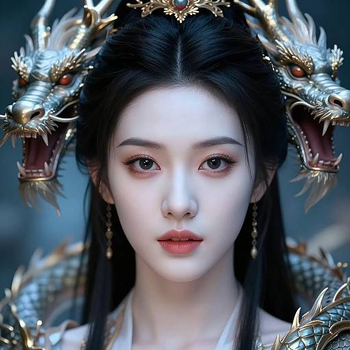 Digital artwork of a pale-skinned Asian woman with black hair, wearing a gold dragon head crown, intense blue eyes, and red lips. Background is