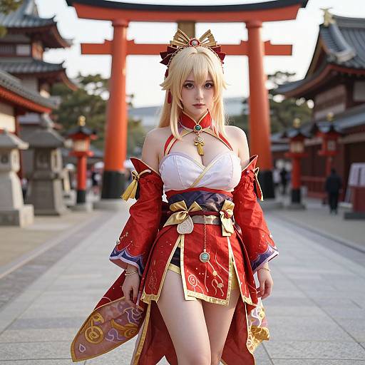 Blonde cosplayer in detailed red and white Japanese-inspired outfit with gold accents, standing in front of a bright red torii gate. Photorealistic