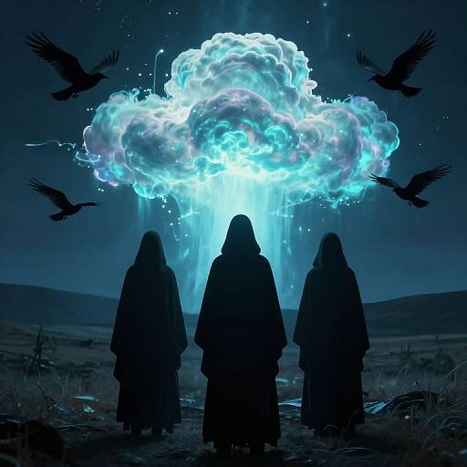 Silhouetted robed figures stand in a dark landscape, gazing at a glowing, ethereal cloud with bright blue light and flying black birds