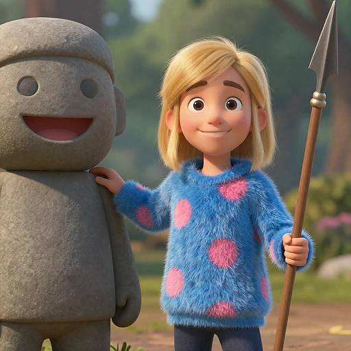 Whimsical Character Beside Smiling Statue