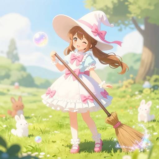 Digital anime-style illustration of a cute, brown-haired girl in a white witch dress, pink bow, and hat, holding a broom in a sunny