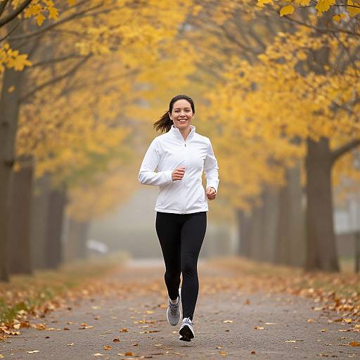 Photograph of a smiling woman with brown hair in a white long-sleeve shirt and black pants, jogging on a path lined with yellow autumn leaves