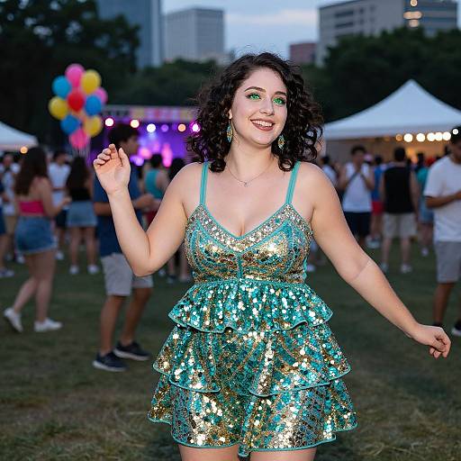 Photograph of a smiling, curly-haired woman in a sequined, teal and gold, multi-layered dress at an evening outdoor festival, surrounded by